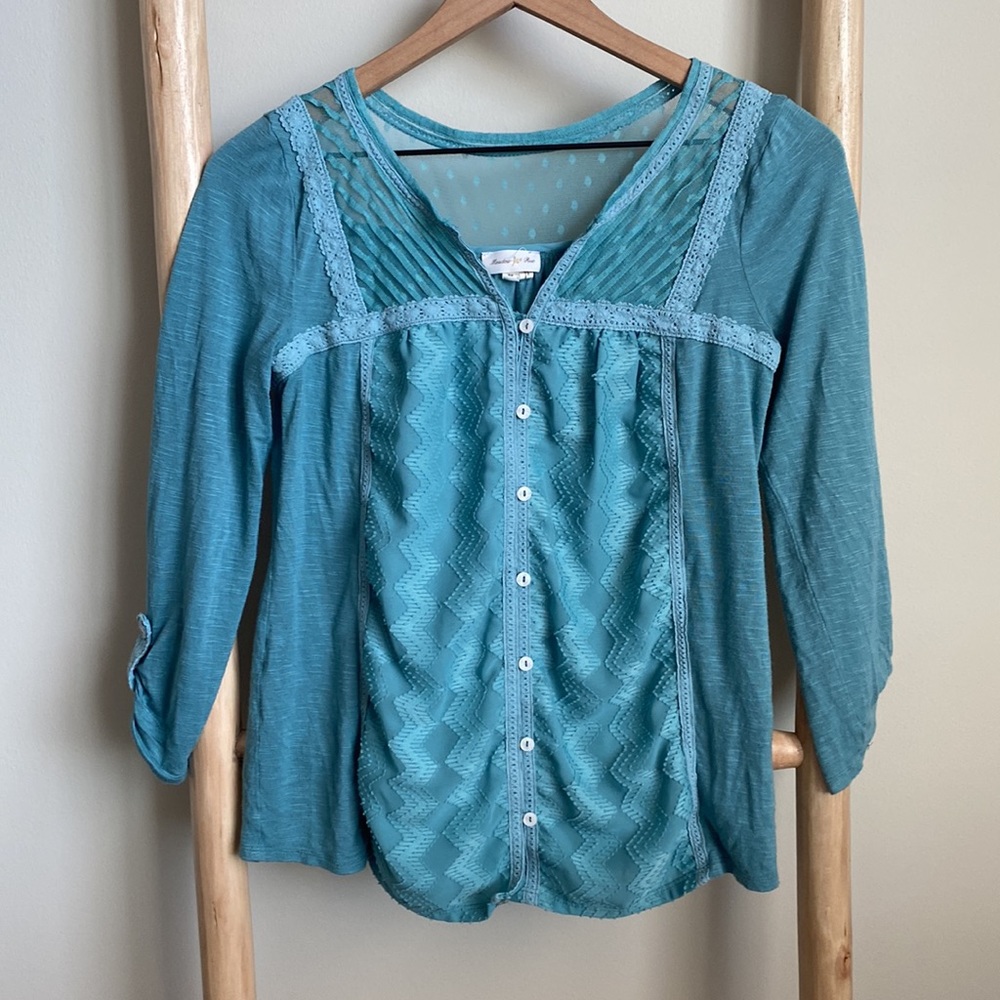 Anthropologie meadow rue teal long sleeve peasant blouse - Picture 2 of 8